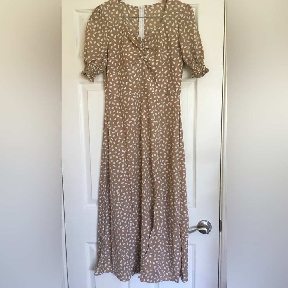 Long Light Brown White Dot Dress